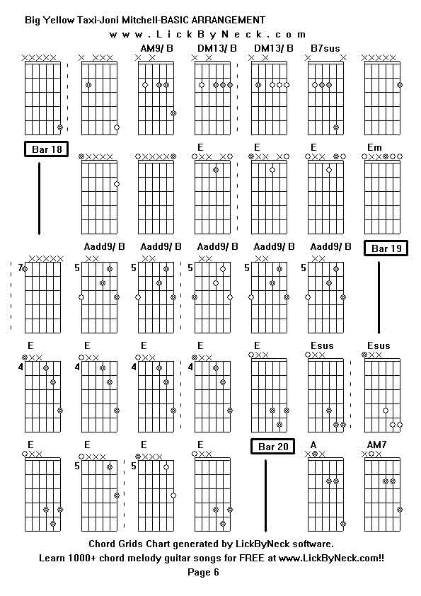 Chord Grids Chart of chord melody fingerstyle guitar song-Big Yellow Taxi-Joni Mitchell-BASIC ARRANGEMENT,generated by LickByNeck software.